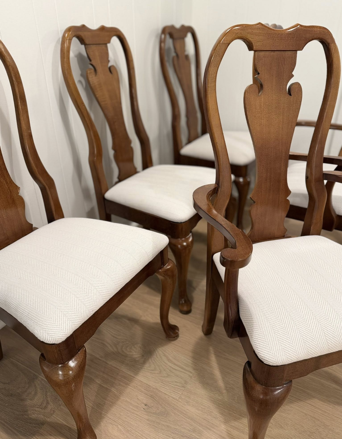 Set of Queen Anne dining chairs reupholstered in ivory herringbone